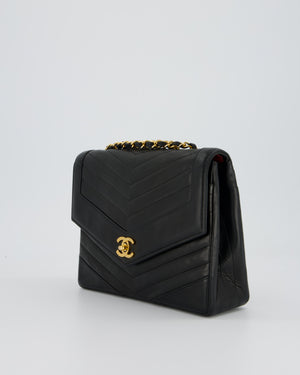 Chanel Vintage Square Chevron Single Flap Bag in Black Lambskin Leather with 24k Gold Hardware