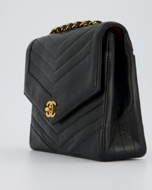 Chanel Vintage Square Chevron Single Flap Bag in Black Lambskin Leather with 24k Gold Hardware