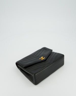 Chanel Vintage Square Chevron Single Flap Bag in Black Lambskin Leather with 24k Gold Hardware