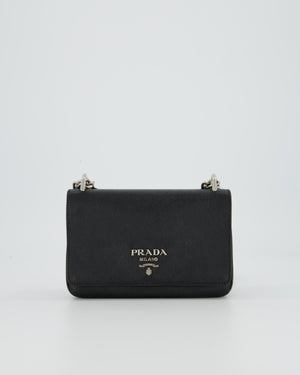 Prada Black Saffiano Crossbody Flap Bag in Leather with Metallic Chain Strap