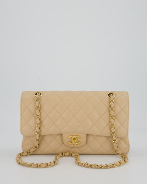 Chanel Beige Classic Medium Double Flap Bag in Caviar Leather with Champagne Gold Hardware