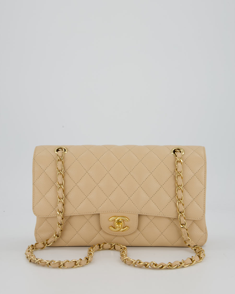 Chanel Beige Classic Medium Double Flap Bag in Caviar Leather with Champagne Gold Hardware