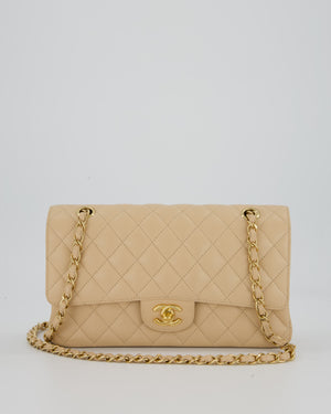 Chanel Beige Classic Medium Double Flap Bag in Caviar Leather with Champagne Gold Hardware