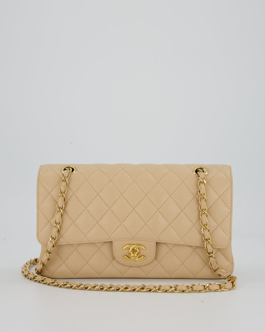 Chanel Beige Classic Medium Double Flap Bag in Caviar Leather with Champagne Gold Hardware