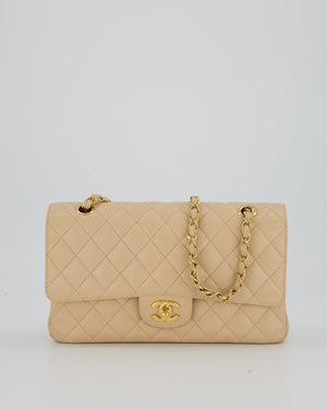Chanel Beige Classic Medium Double Flap Bag in Caviar Leather with Champagne Gold Hardware