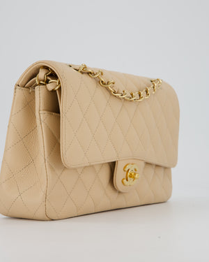Chanel Beige Classic Medium Double Flap Bag in Caviar Leather with Champagne Gold Hardware
