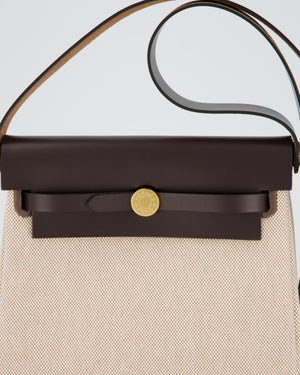 *HOT & RARE* Hermès Mini Herbag Zip 20 Bag in Ebene Vache Hunter Leather & Ecru/Beige Viking Canvas with Gold Hardware
