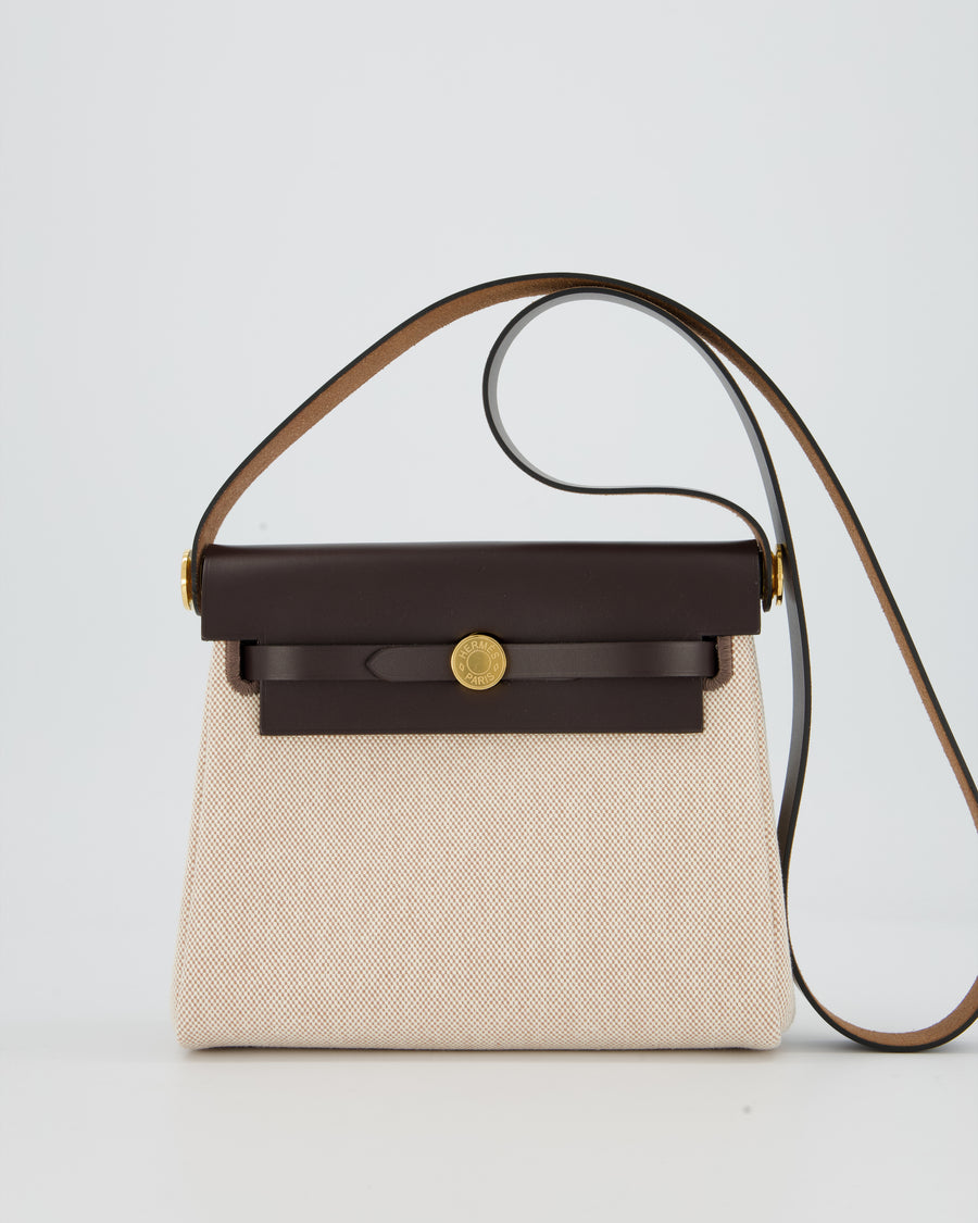 *HOT & RARE* Hermès Mini Herbag Zip 20 Bag in Ebene Vache Hunter Leather & Ecru/Beige Viking Canvas with Gold Hardware