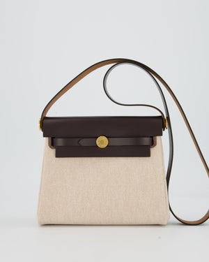 *HOT & RARE* Hermès Mini Herbag Zip 20 Bag in Ebene Vache Hunter Leather & Ecru/Beige Viking Canvas with Gold Hardware