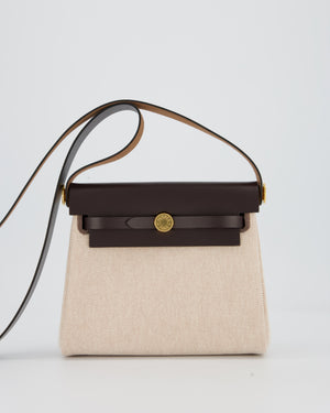 *HOT & RARE* Hermès Mini Herbag Zip 20 Bag in Ebene Vache Hunter Leather & Ecru/Beige Viking Canvas with Gold Hardware