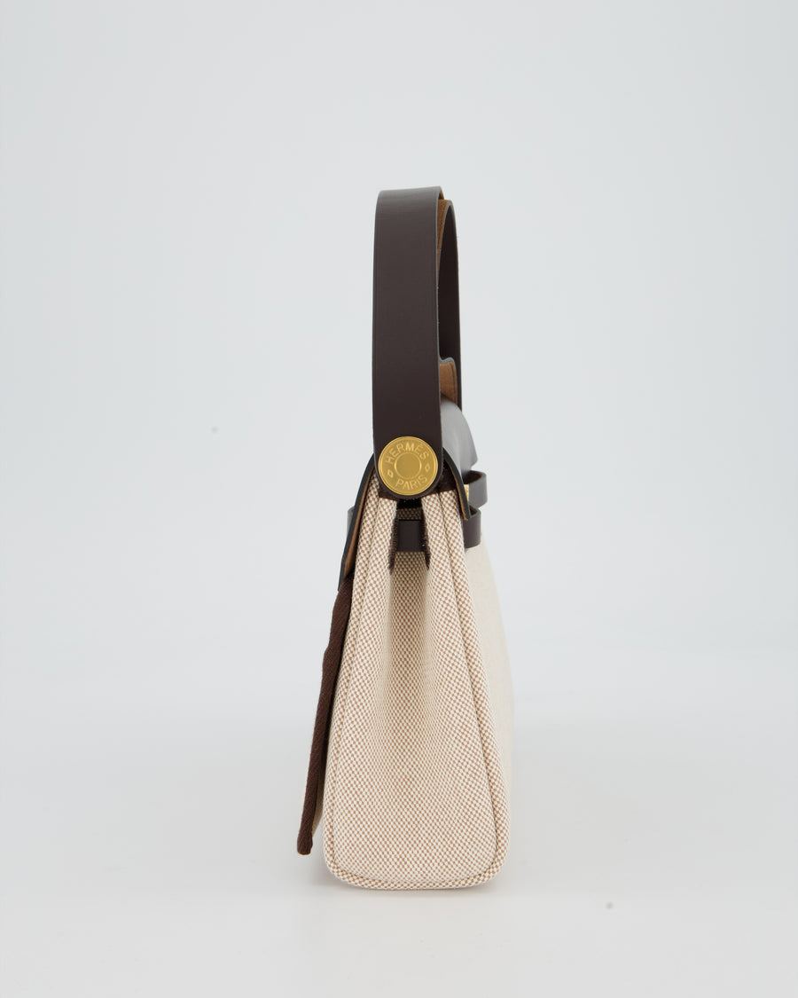 *HOT & RARE* Hermès Mini Herbag Zip 20 Bag in Ebene Vache Hunter Leather & Ecru/Beige Viking Canvas with Gold Hardware