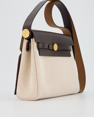 *HOT & RARE* Hermès Mini Herbag Zip 20 Bag in Ebene Vache Hunter Leather & Ecru/Beige Viking Canvas with Gold Hardware
