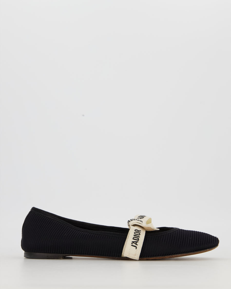 Christian Dior Black J'Adior Ballet Flats Shoes in Canvas With Ribbon Bow Detail Size EU 38.5