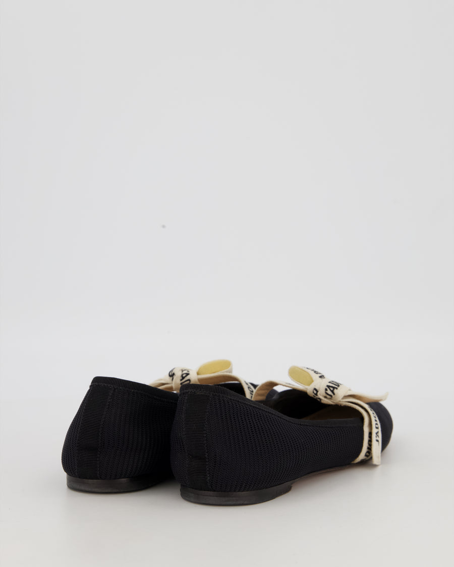 Christian Dior Black J'Adior Ballet Flats Shoes in Canvas With Ribbon Bow Detail Size EU 38.5