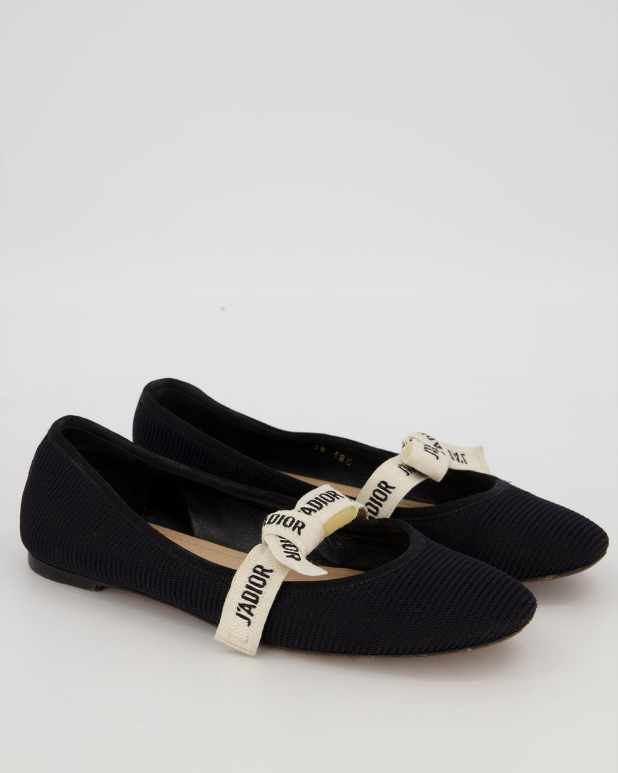 Christian Dior Black J'Adior Ballet Flats Shoes in Canvas With Ribbon Bow Detail Size EU 38.5