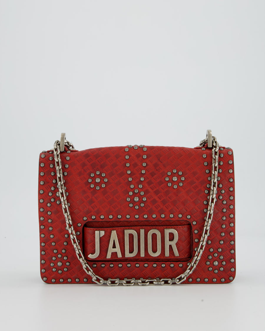 Christian Dior J'adior Red Studded Flap Bag in Calfskin Leather With Silver Hardware