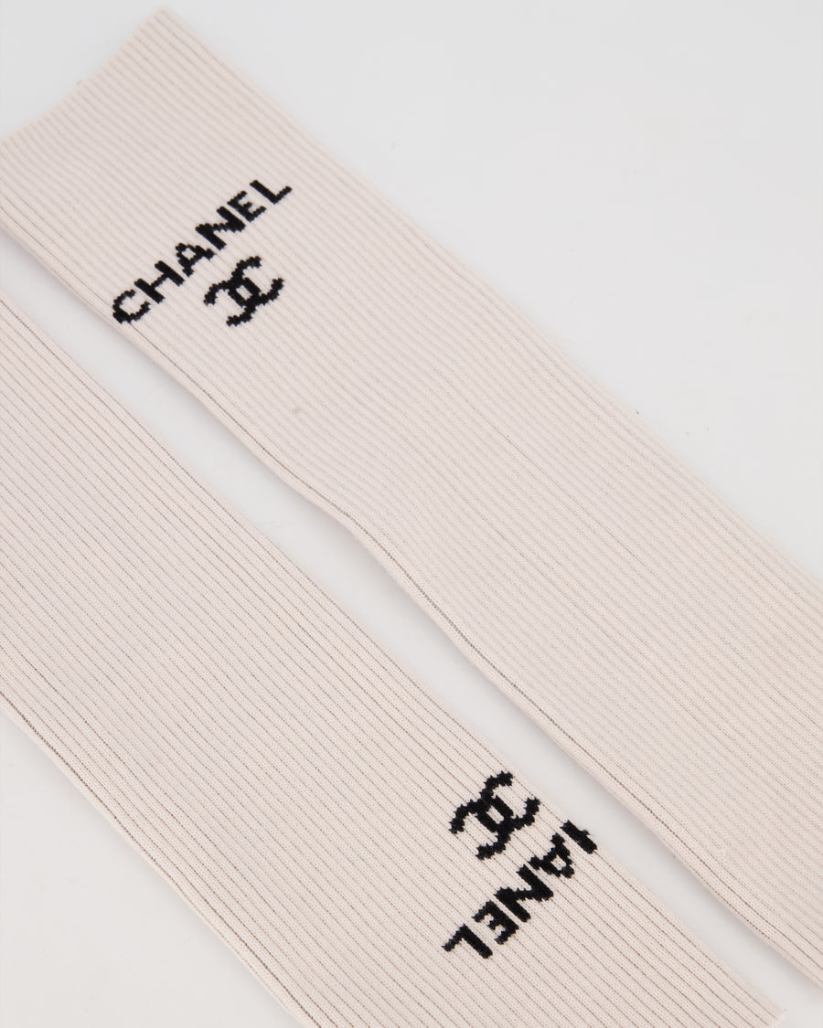 Chanel Cream Ribbed Knit Leg Warmers With Black CC Logo One Size