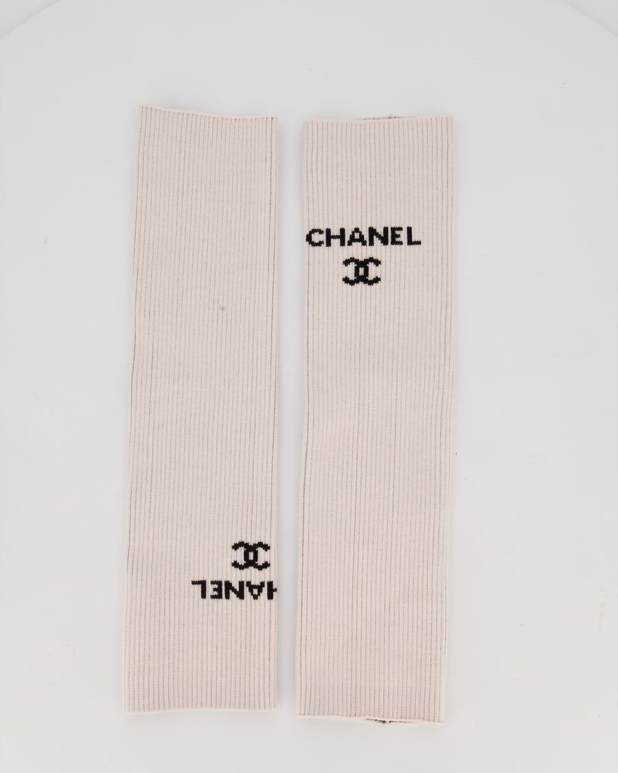 Chanel Cream Ribbed Knit Leg Warmers With Black CC Logo One Size
