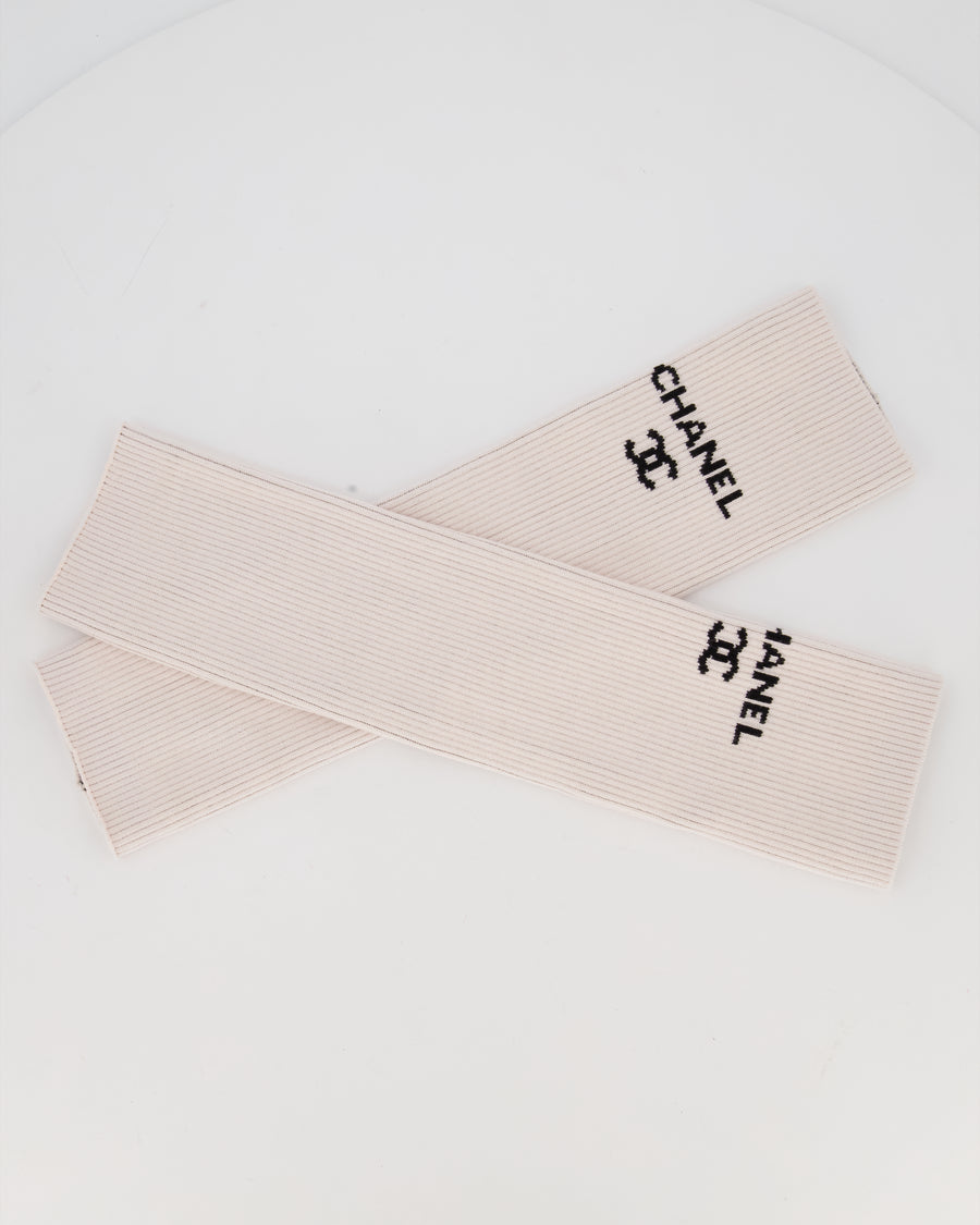 Chanel Cream Ribbed Knit Leg Warmers With Black CC Logo One Size
