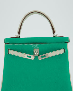 *SUPER RARE* Hermès HSS Kelly 25 Retourne Bag in Vert Vertigo & Gris Perle Togo Leather with Palladium Hardware & Contrast Stitching