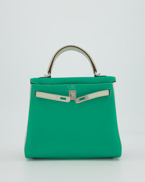 *SUPER RARE* Hermès HSS Kelly 25 Retourne Bag in Vert Vertigo & Gris Perle Togo Leather with Palladium Hardware & Contrast Stitching
