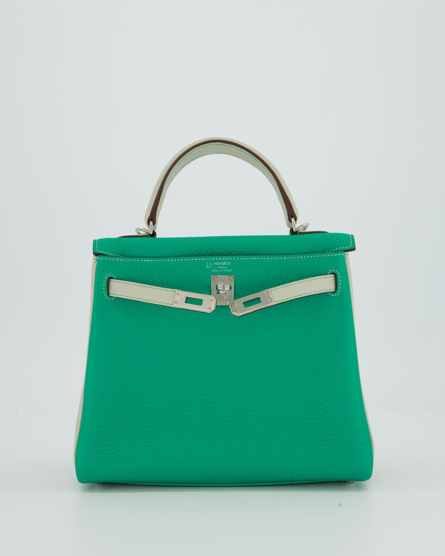 *SUPER RARE* Hermès HSS Kelly 25 Retourne Bag in Vert Vertigo & Gris Perle Togo Leather with Palladium Hardware & Contrast Stitching