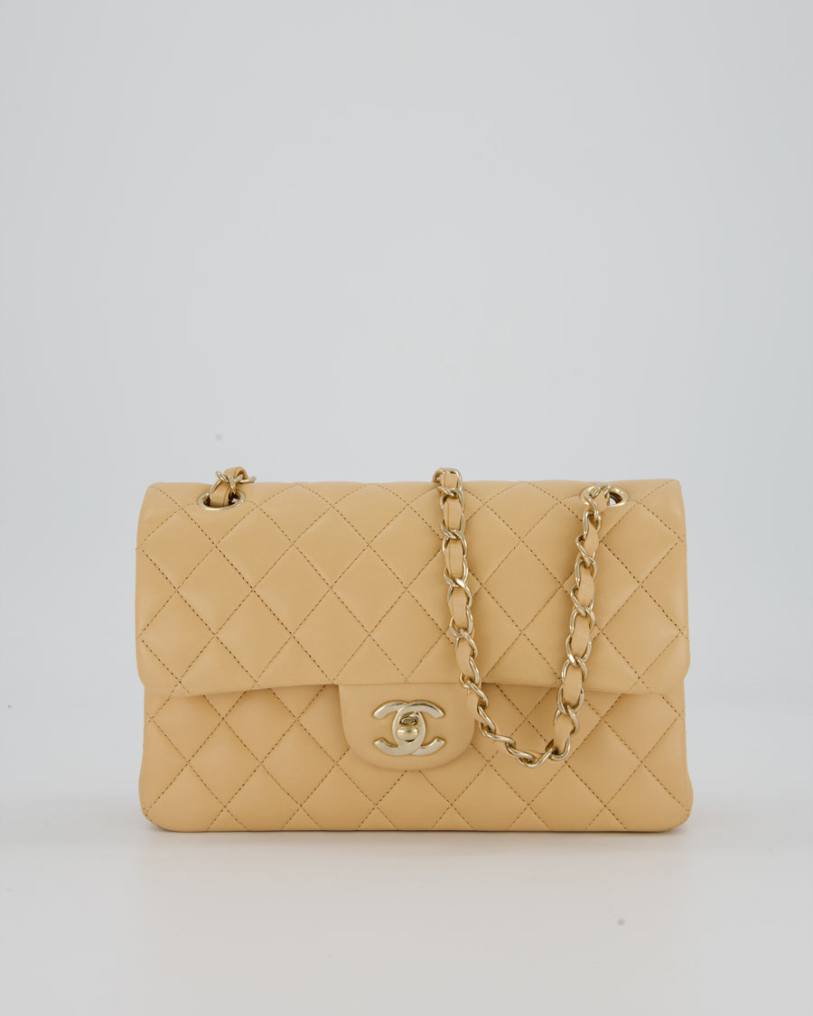 Chanel Beige Classic Medium Double Flap Bag in Lambskin Leather with Champagne Gold Hardware