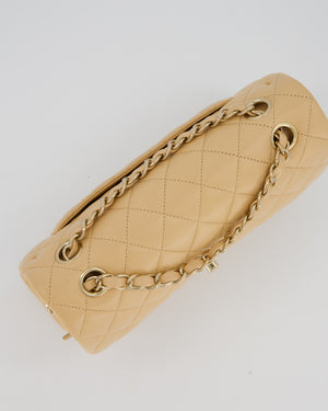 Chanel Beige Classic Medium Double Flap Bag in Lambskin Leather with Champagne Gold Hardware