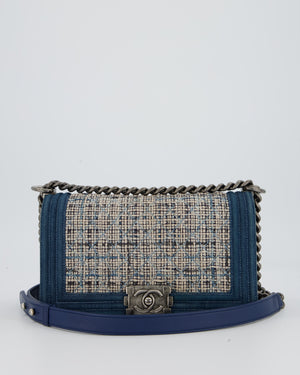 Chanel Black Medium Boy Bag in Blue Denim Tweed with Gunmetal Hardware