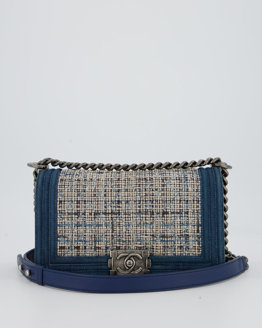 Chanel Black Medium Boy Bag in Blue Denim Tweed with Gunmetal Hardware