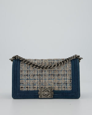 Chanel Black Medium Boy Bag in Blue Denim Tweed with Gunmetal Hardware