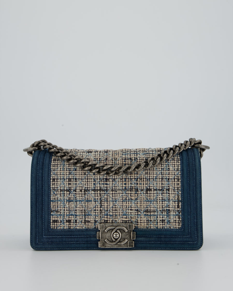 Chanel Black Medium Boy Bag in Blue Denim Tweed with Gunmetal Hardware