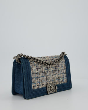 Chanel Black Medium Boy Bag in Blue Denim Tweed with Gunmetal Hardware