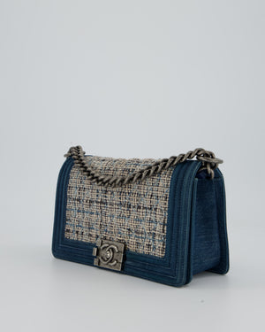 Chanel Black Medium Boy Bag in Blue Denim Tweed with Gunmetal Hardware