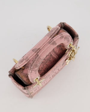 Christian Dior Pink and Brown Diorivera Collection Mini Lady D-Lite Bag With Toile De Jouy Print in Canvas and Gold Hardware