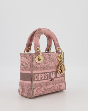 Christian Dior Pink and Brown Diorivera Collection Mini Lady D-Lite Bag With Toile De Jouy Print in Canvas and Gold Hardware
