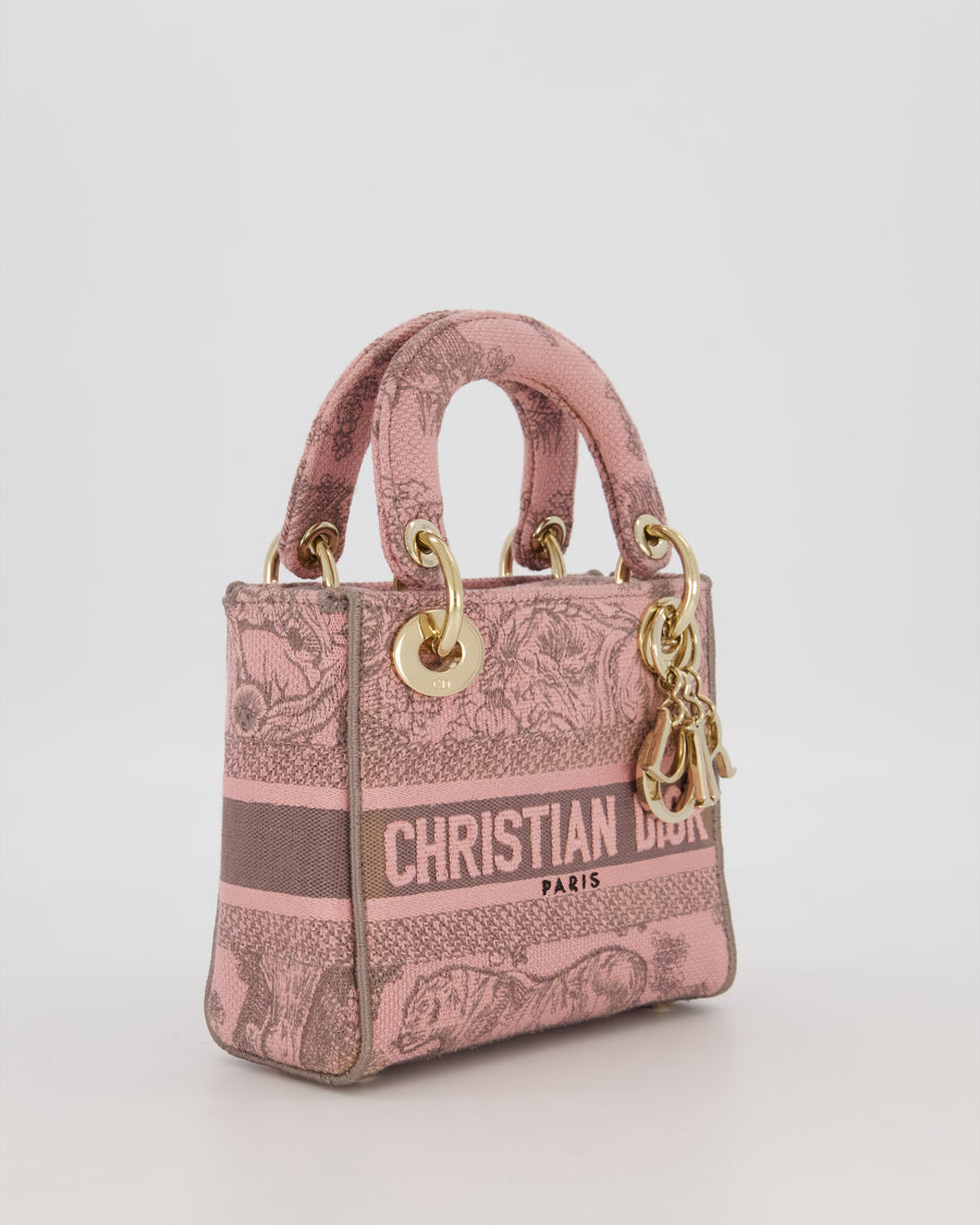 Christian Dior Pink and Brown Diorivera Collection Mini Lady D-Lite Bag With Toile De Jouy Print in Canvas and Gold Hardware