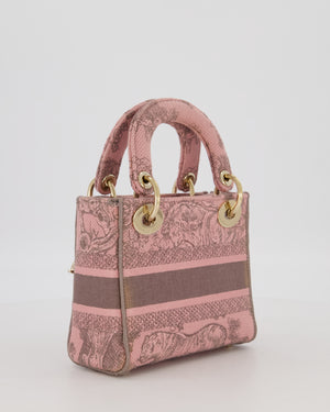 Christian Dior Pink and Brown Diorivera Collection Mini Lady D-Lite Bag With Toile De Jouy Print in Canvas and Gold Hardware