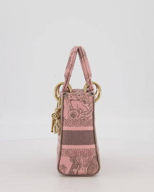 Christian Dior Pink and Brown Diorivera Collection Mini Lady D-Lite Bag With Toile De Jouy Print in Canvas and Gold Hardware
