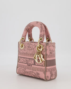 Christian Dior Pink and Brown Diorivera Collection Mini Lady D-Lite Bag With Toile De Jouy Print in Canvas and Gold Hardware