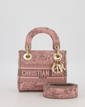 Christian Dior Pink and Brown Diorivera Collection Mini Lady D-Lite Bag With Toile De Jouy Print in Canvas and Gold Hardware