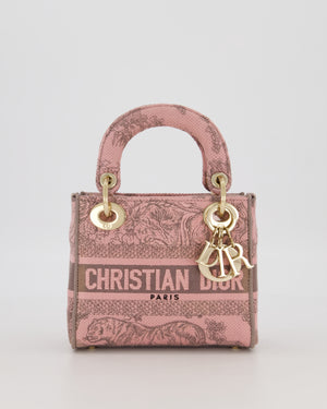 Christian Dior Pink and Brown Diorivera Collection Mini Lady D-Lite Bag With Toile De Jouy Print in Canvas and Gold Hardware
