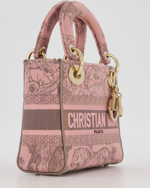 Christian Dior Pink and Brown Diorivera Collection Mini Lady D-Lite Bag With Toile De Jouy Print in Canvas and Gold Hardware