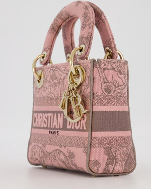 Christian Dior Pink and Brown Diorivera Collection Mini Lady D-Lite Bag With Toile De Jouy Print in Canvas and Gold Hardware