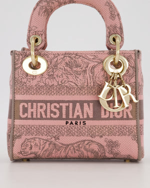 Christian Dior Pink and Brown Diorivera Collection Mini Lady D-Lite Bag With Toile De Jouy Print in Canvas and Gold Hardware