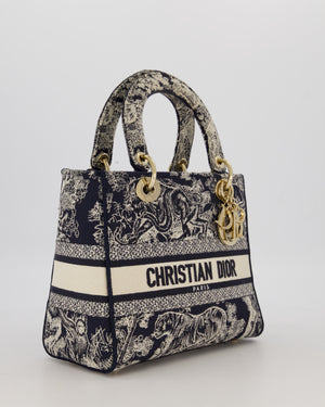 Christian Dior Medium Lady D-Lite Blue and White Toile de Jouy Bag in Canvas with Gold Hardware