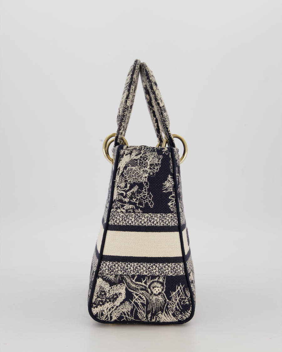Christian Dior Medium Lady D-Lite Blue and White Toile de Jouy Bag in Canvas with Gold Hardware
