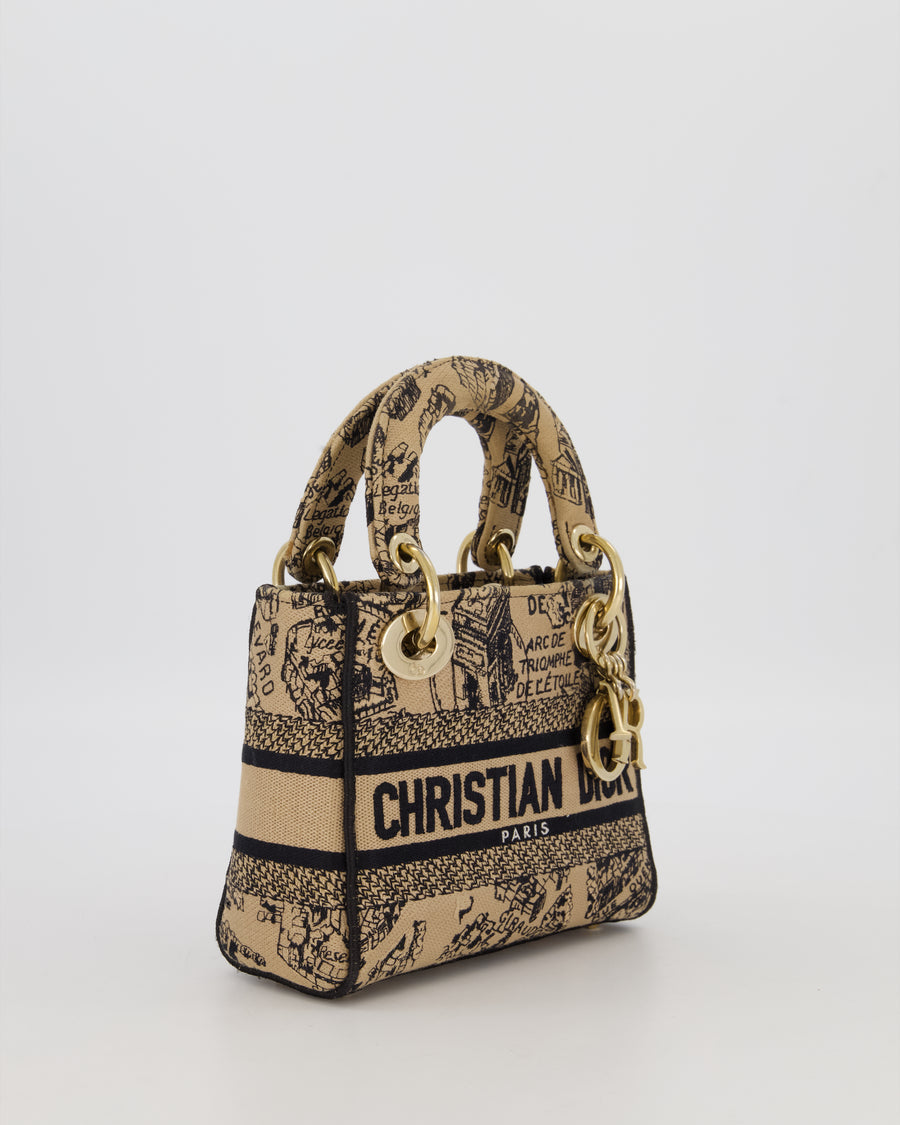 Christian Dior Beige and Black Plan de Paris Print Mini Lady D-Lite Bag in Canvas With Gold Hardware