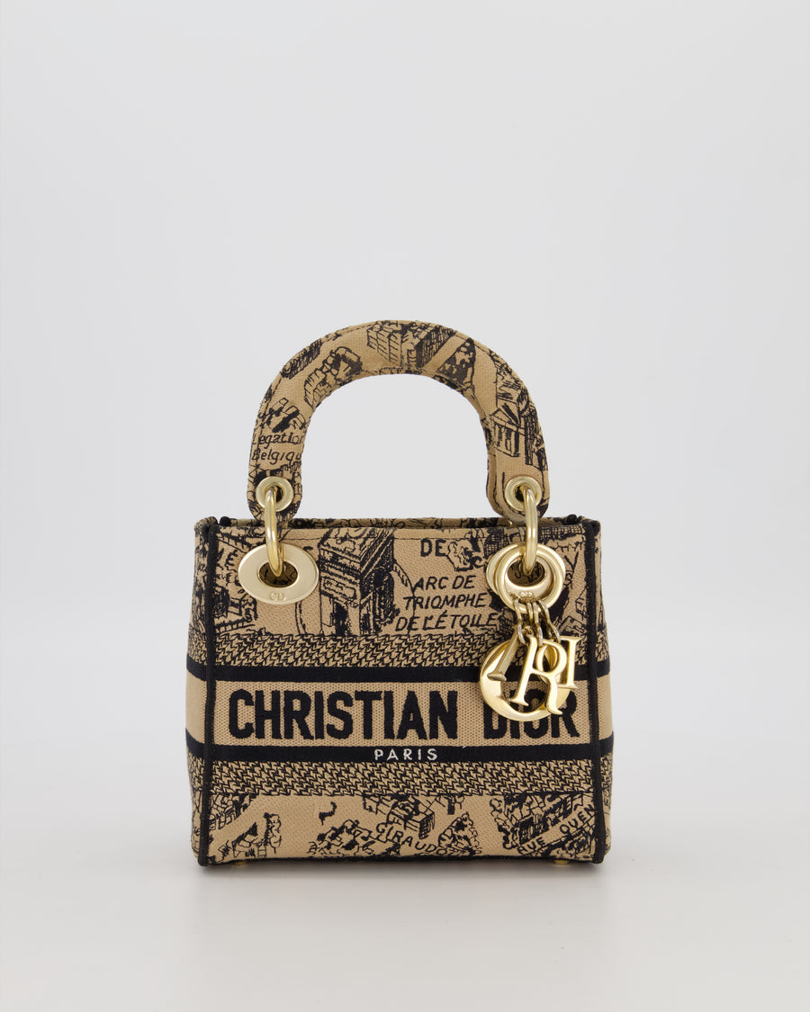 Christian Dior Beige and Black Plan de Paris Print Mini Lady D-Lite Bag in Canvas With Gold Hardware
