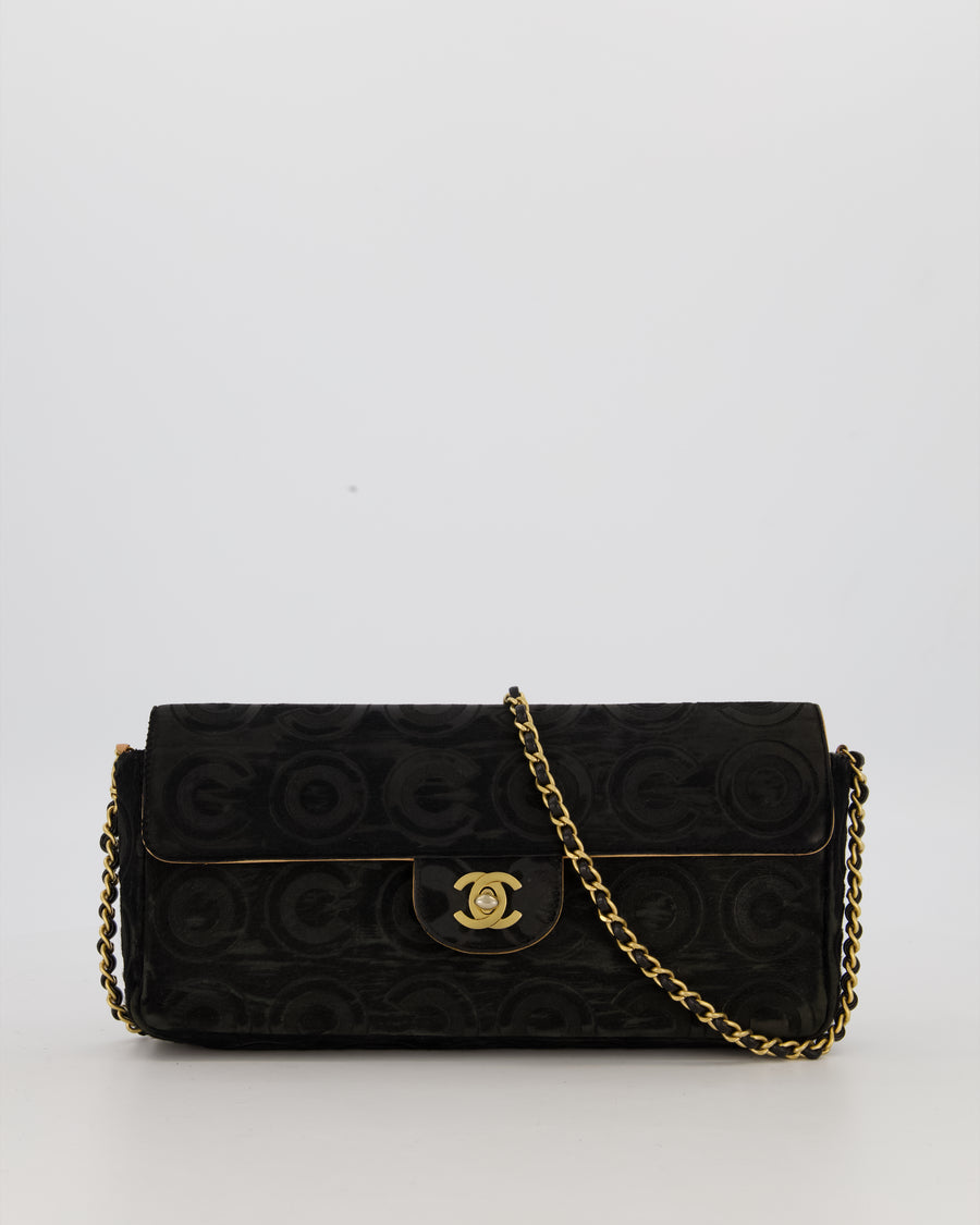 Chanel East West Flap Bag in Black Pony Hair with Coco Prints and Gold Hardware